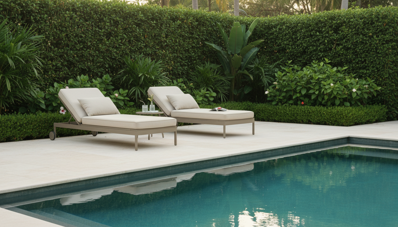 Peaceful poolside scene with modern lounge furniture