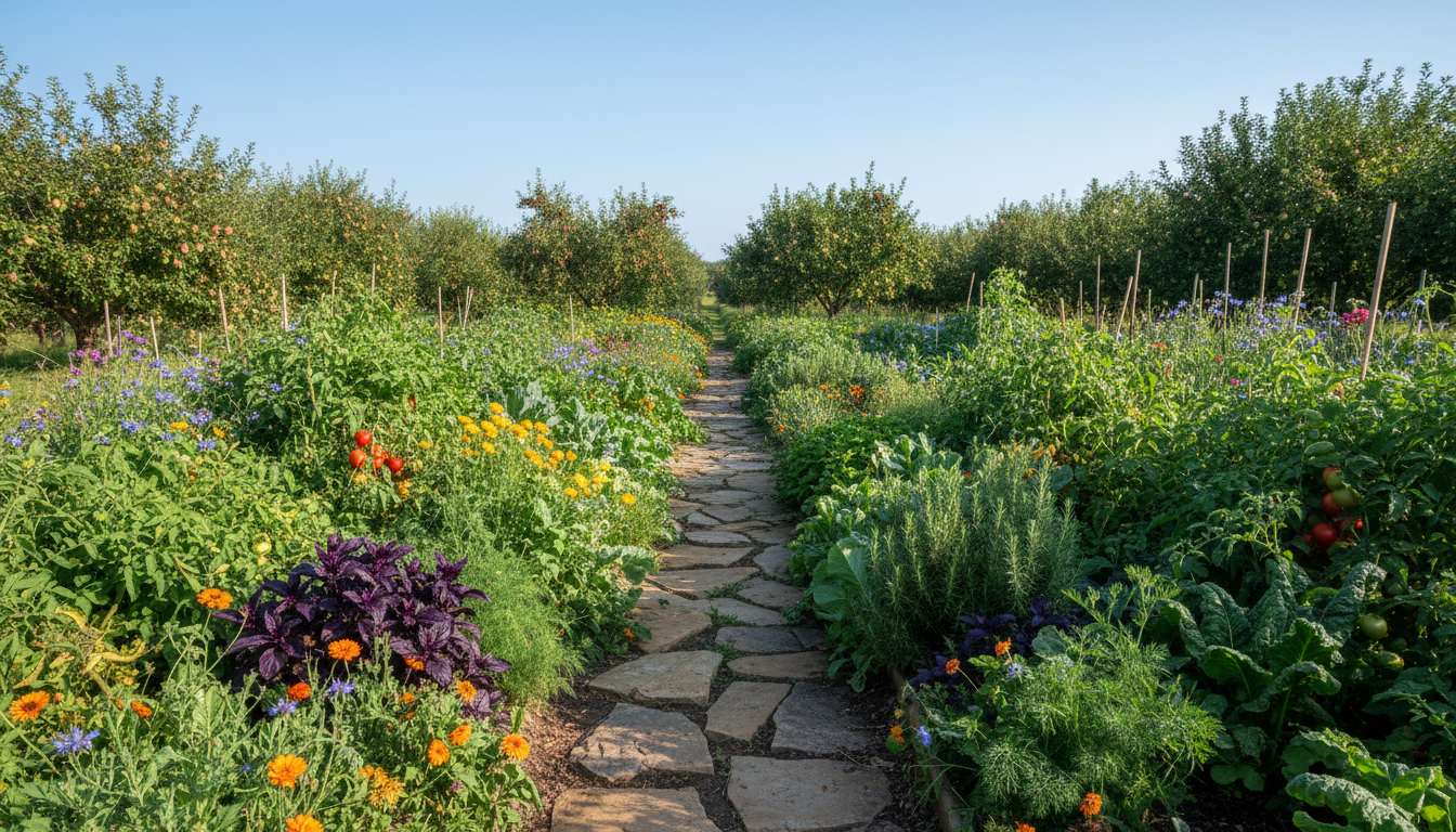 Vibrant outdoor scene depicting a micro-farm garden