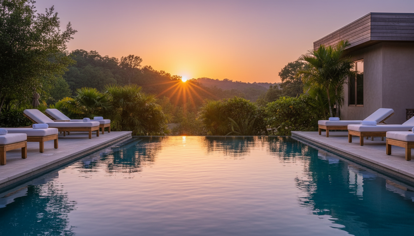 A tranquil, luxurious clothing-optional resort swimming pool at golden hour