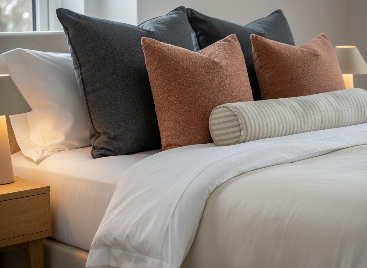 Freshly made bed in contemporary guest room